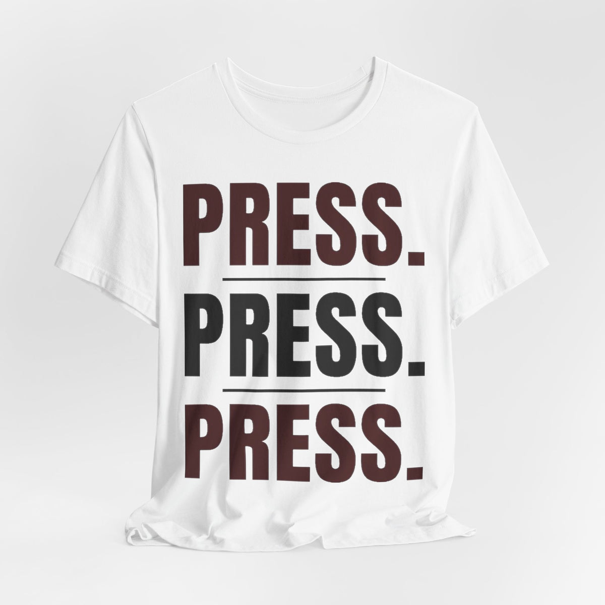 White graphic tee with stacked “PRESS.” lettering, crew neck short sleeves
