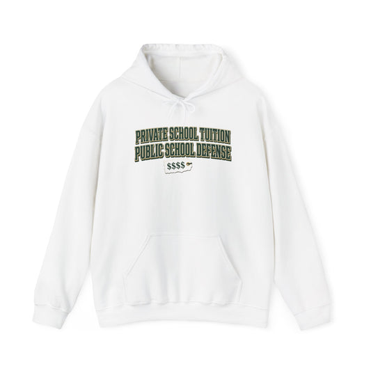 White pullover hoodie with front pocket, drawstring hood, and slogan graphic