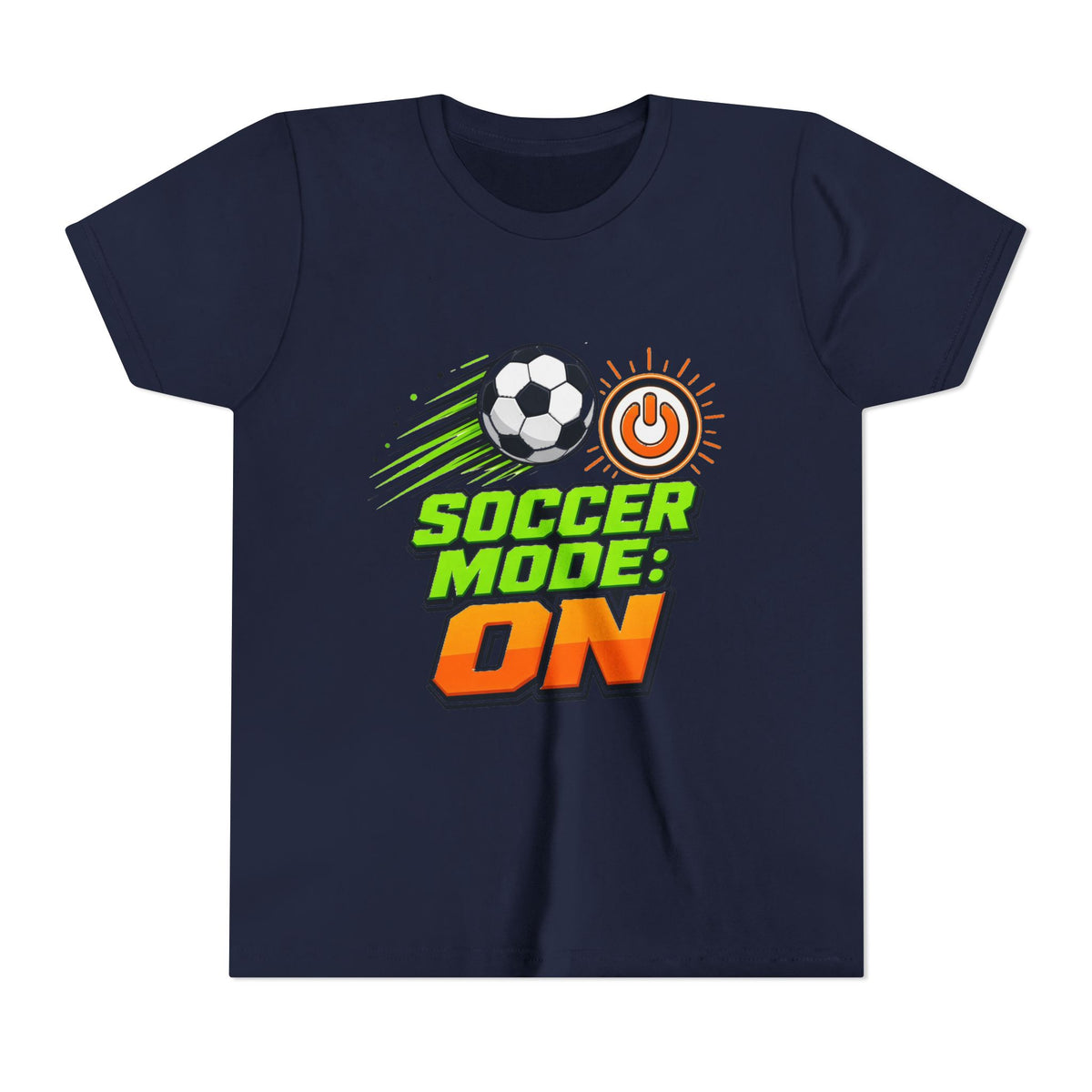 Navy kids T-shirt with "Soccer Mode: On" soccer ball and power symbol graphic