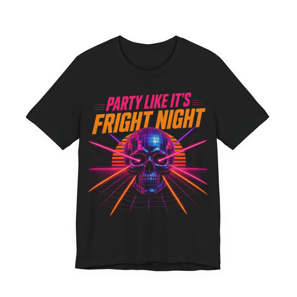 Black crewneck T-shirt with neon skull graphic and 'Fright Night' lettering