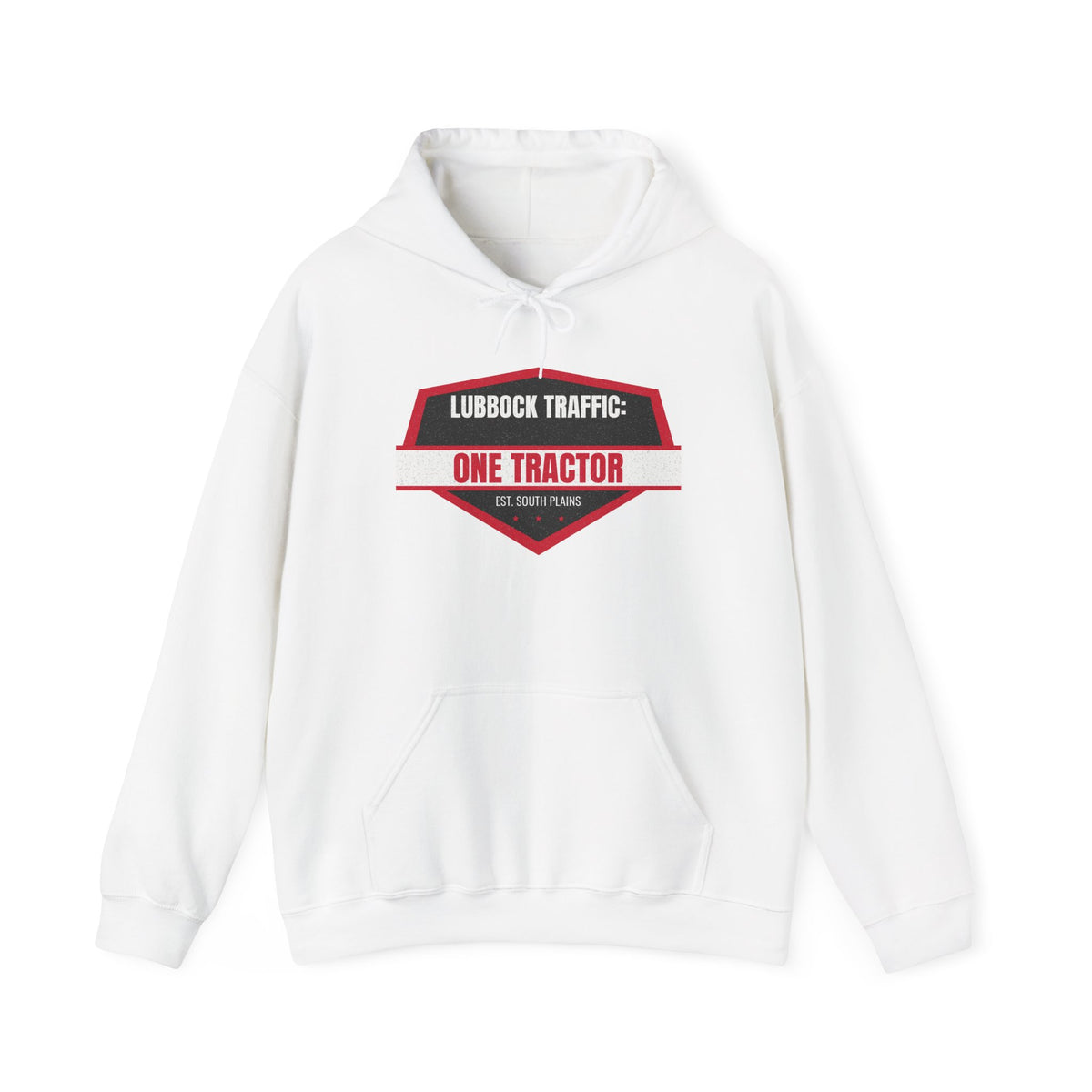 White pullover hoodie with front pocket and “ONE TRACTOR” chest graphic