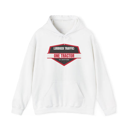 White pullover hoodie with front pocket and “ONE TRACTOR” chest graphic