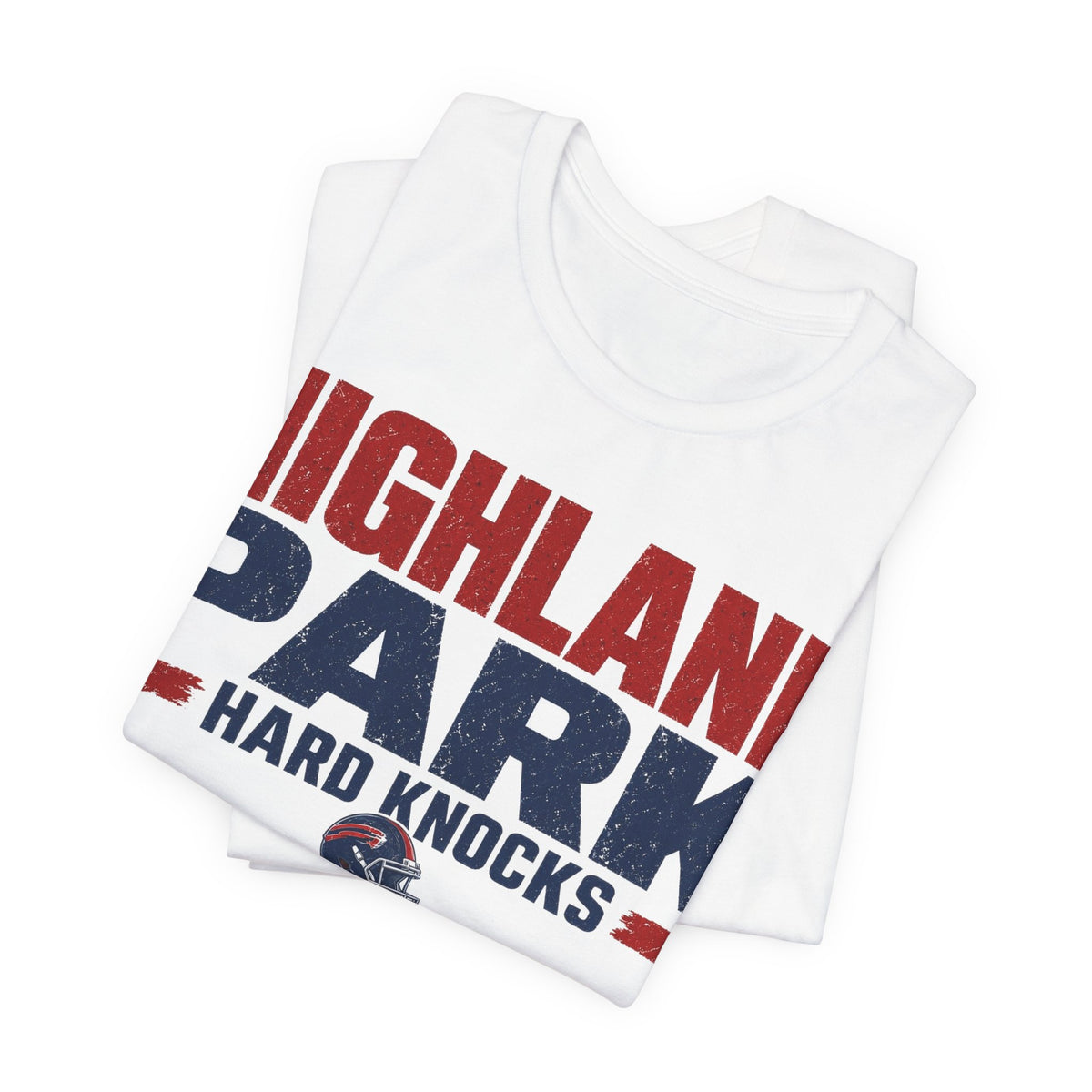 White crew-neck tee, folded, showing Highland Park Hard Knocks front graphic