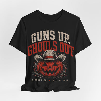 Black graphic T-shirt with cowboy-hat jack-o’-lantern and “Guns Up, Ghouls Out” text
