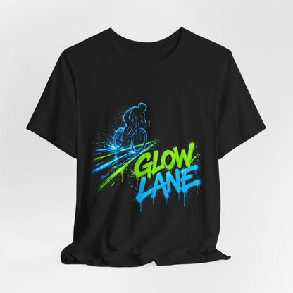 Black crewneck T-shirt with colorful neon “Glow Lane” bicycle print on front