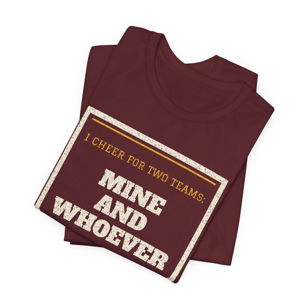 Maroon T-shirt with large "Mine and Whoever" rival game graphic