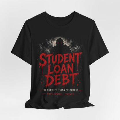 Black crewneck T-shirt with red Student Loan Debt graphic and small slogan