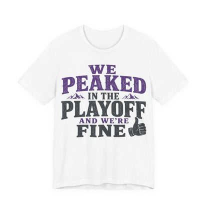 White T-shirt with purple and black sports playoff graphic and thumbs-up print