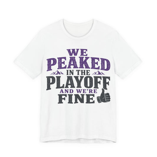 White T-shirt with purple and black sports playoff graphic and thumbs-up print