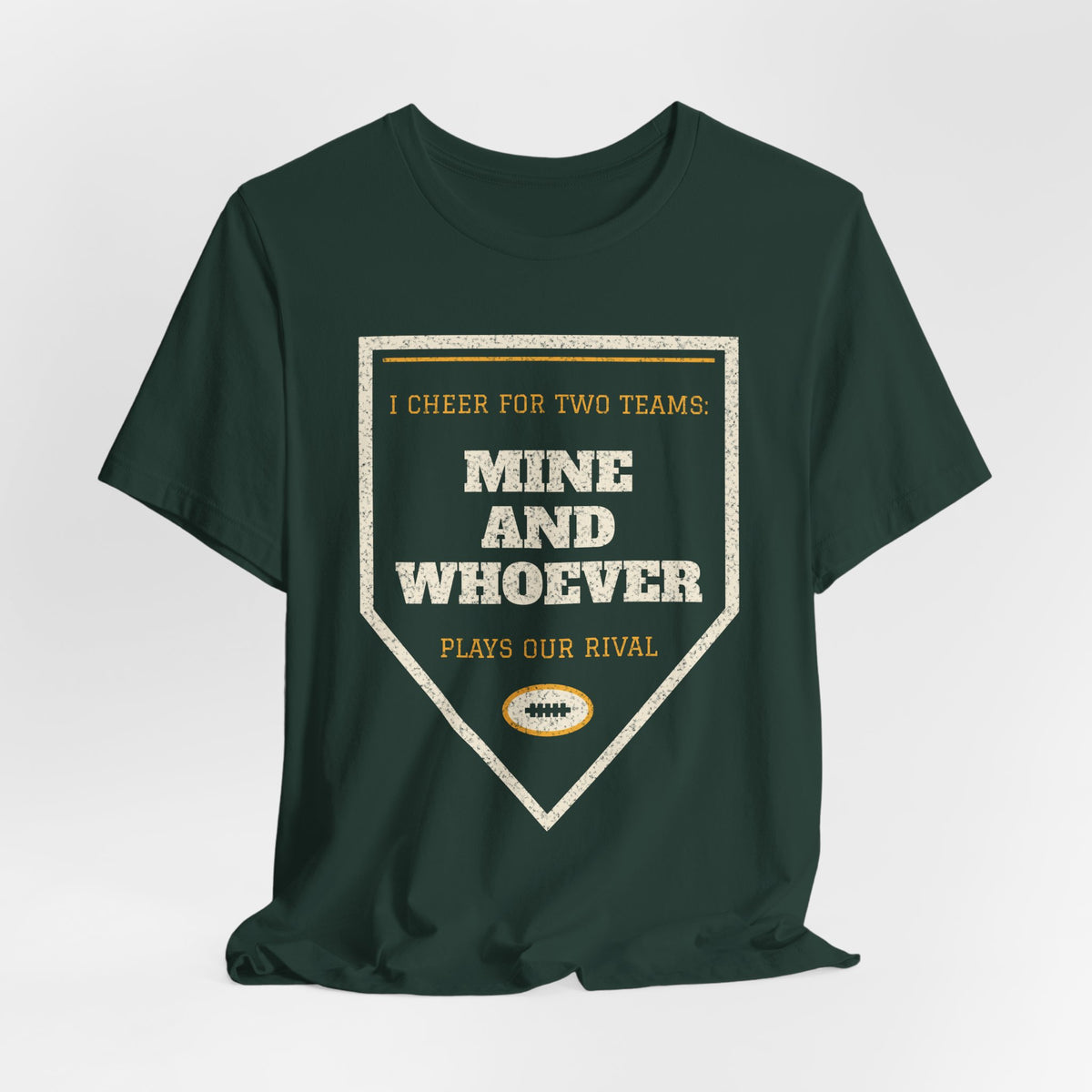 Dark green crewneck T-shirt featuring a heart triangle “Mine and whoever” print.