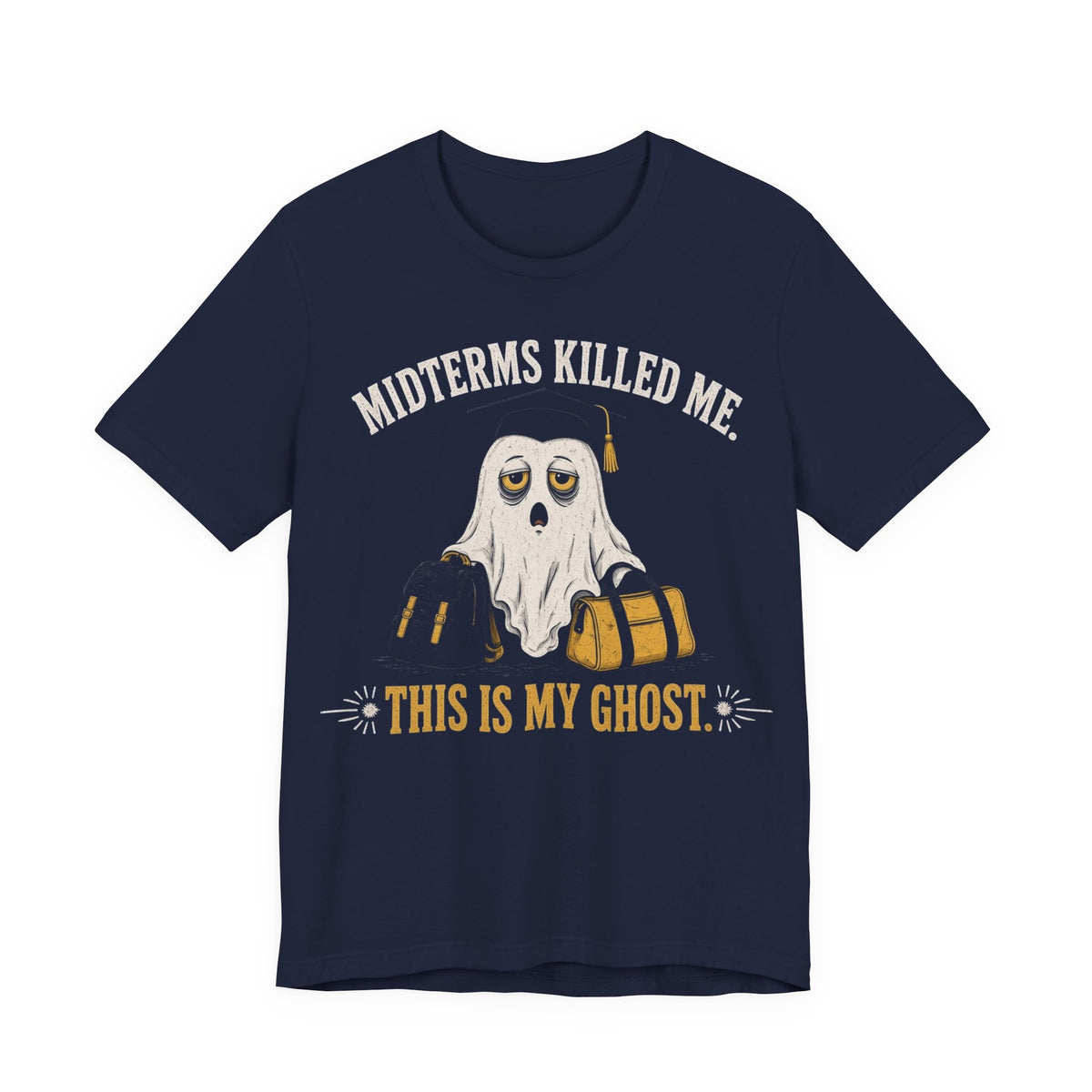 Navy graphic T-shirt with cartoon ghost and text design