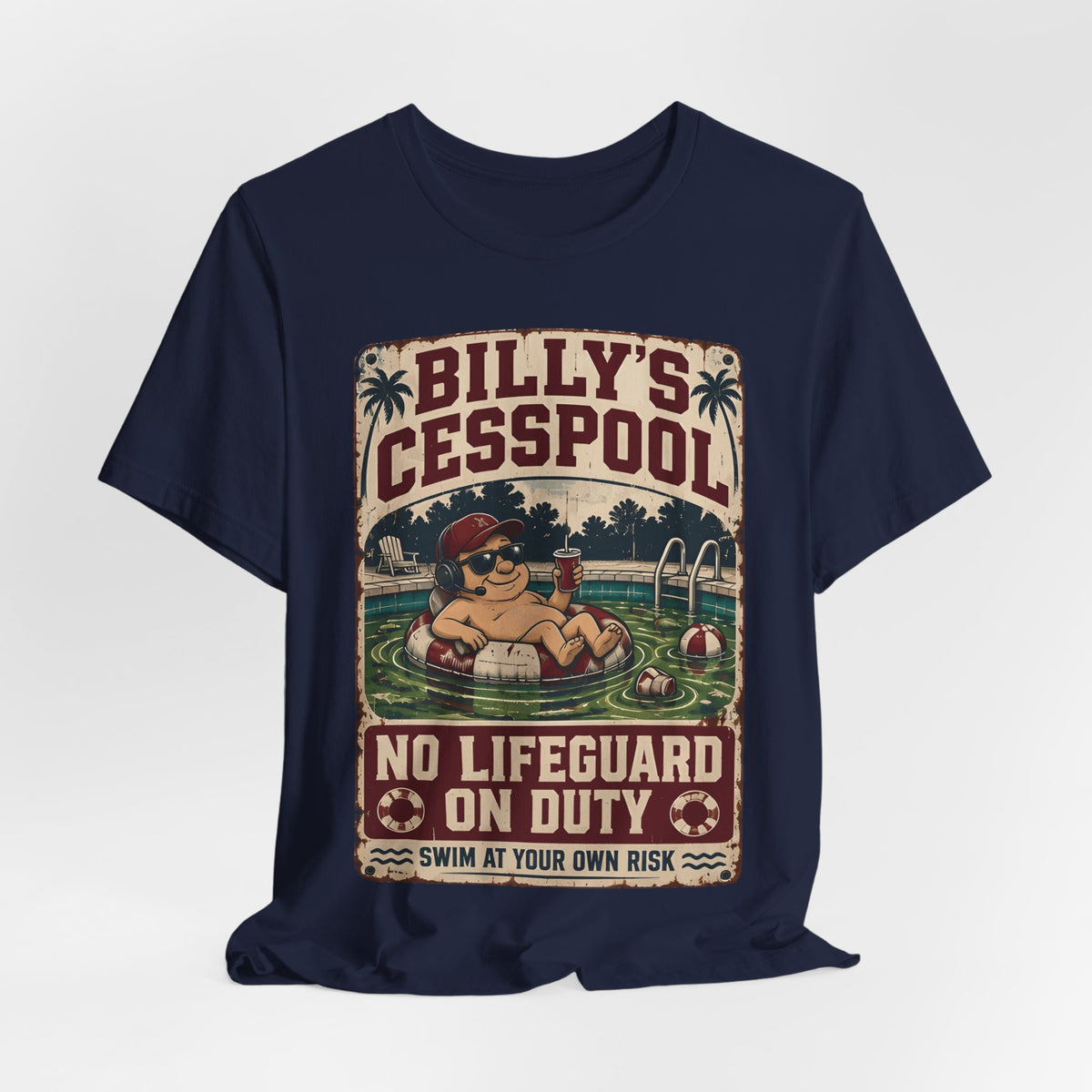 Navy T-shirt with Billy's Cesspool graphic centered on the front