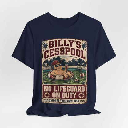 Navy T-shirt with Billy's Cesspool graphic centered on the front