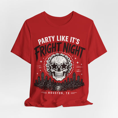 Red T-shirt with skull and city skyline graphic and 'Houston, TX' text