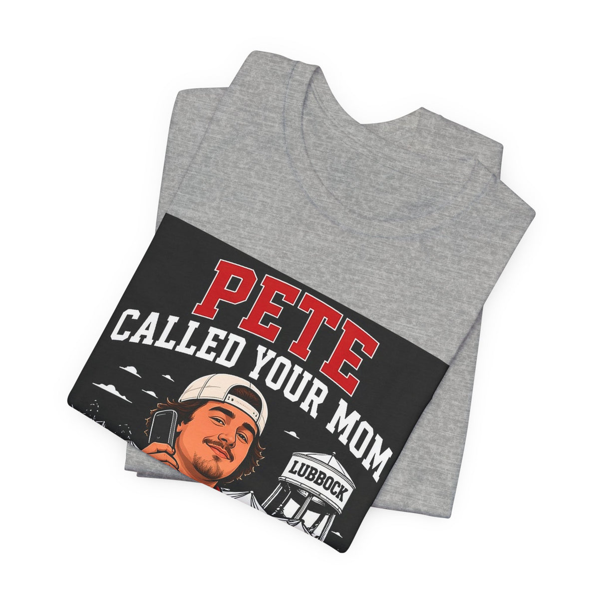 Athletic heather T-shirt with folded angled graphic and red "PETE" headline