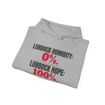 Sport grey folded hoodie with hood and pocket, featuring "Humidity: 0%" text