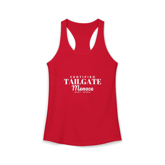 Red racerback tank top with 'Certified Tailgate Menace' chest print