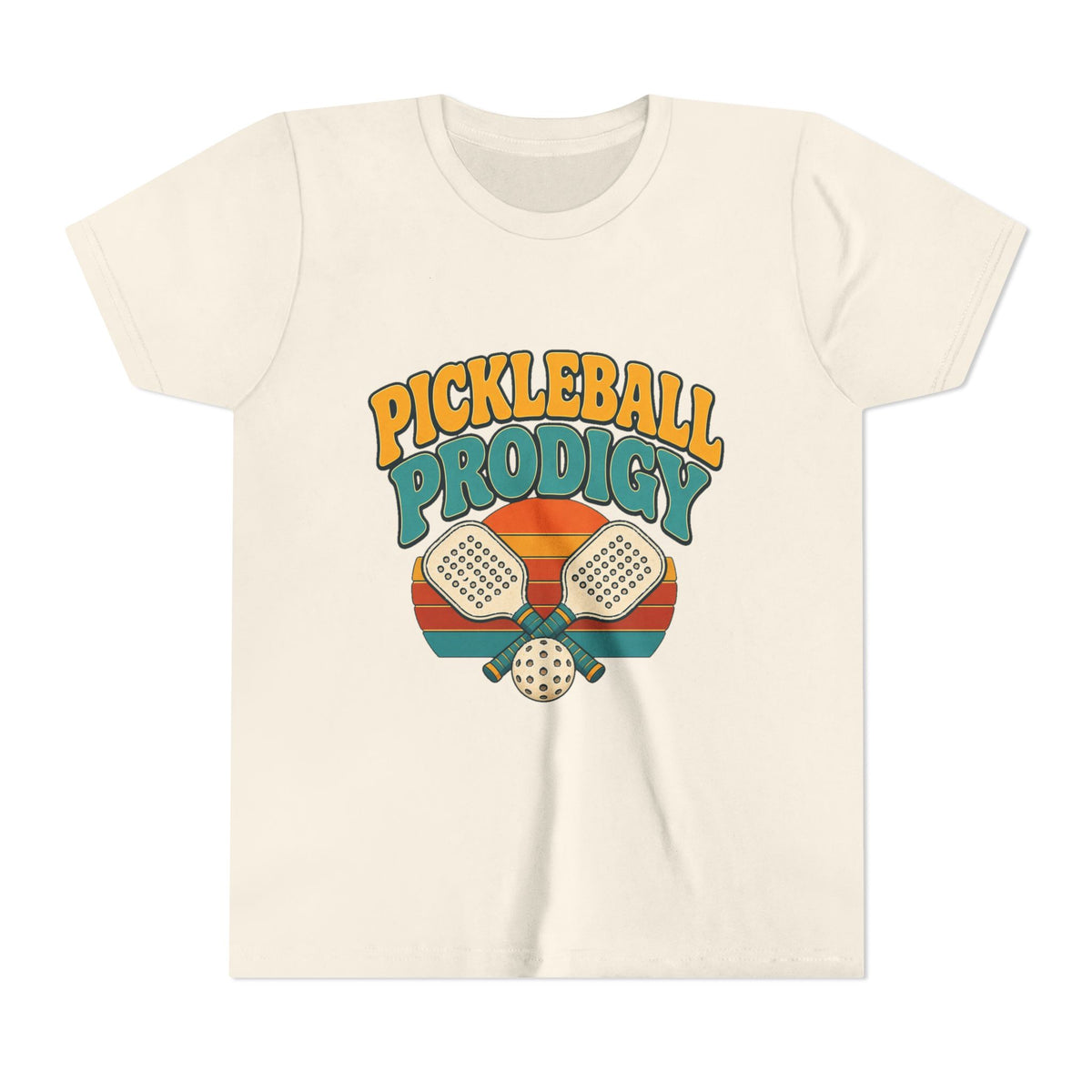 Kids natural/cream pickleball tee with colorful "Pickleball Prodigy" graphic and paddles