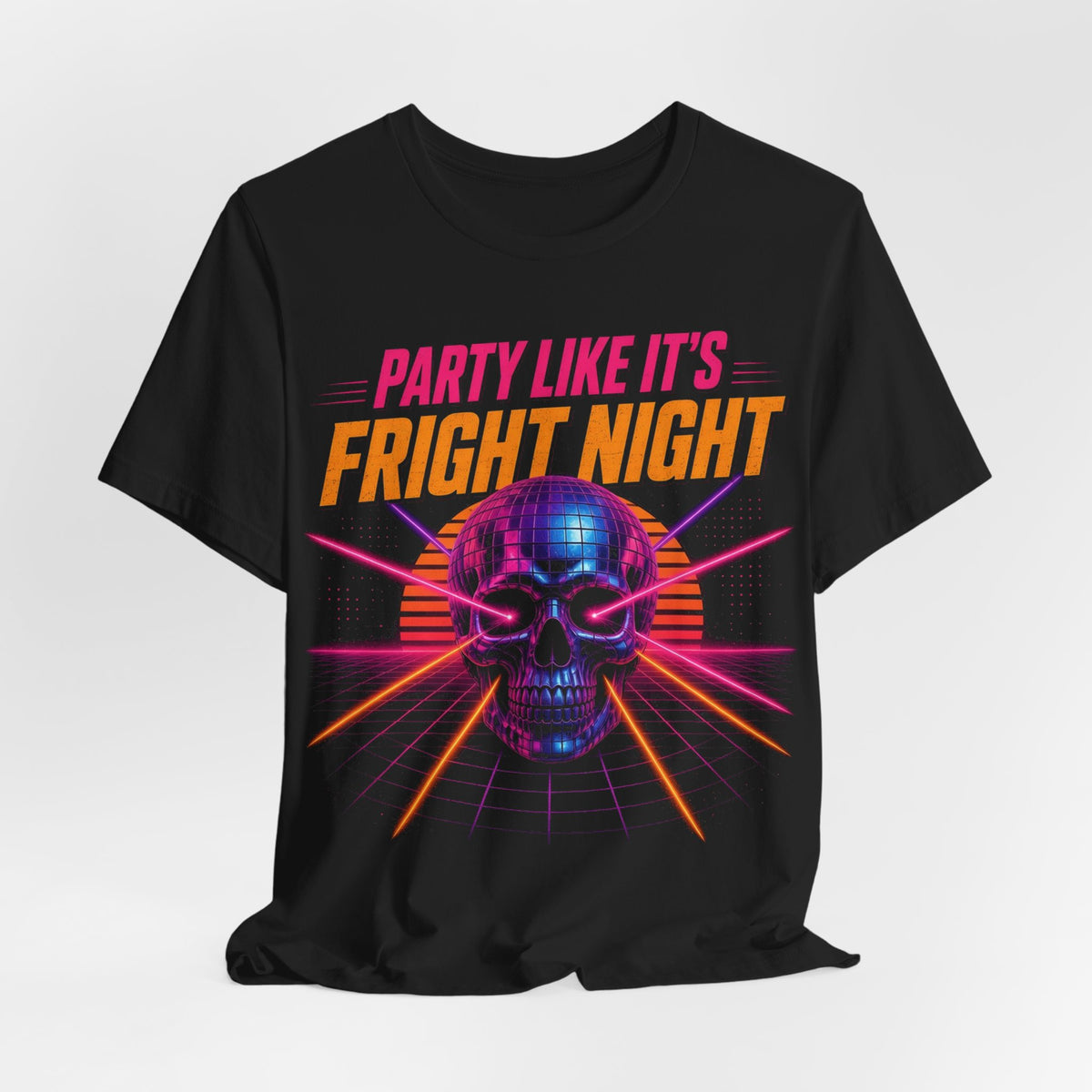 Black crewneck T-shirt with neon skull graphic and 'Party Like It's Fright Night' text