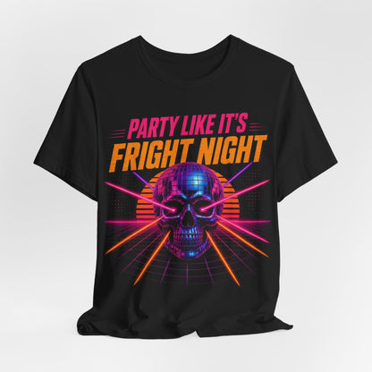 Black crewneck T-shirt with neon skull graphic and 'Party Like It's Fright Night' text