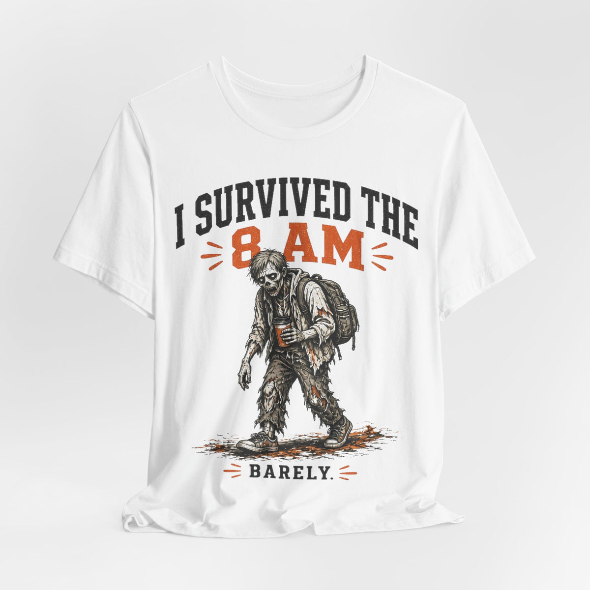 White crewneck T-shirt with zombie illustration and "Barely" 8AM text