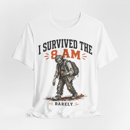 White crewneck T-shirt with zombie illustration and "Barely" 8AM text