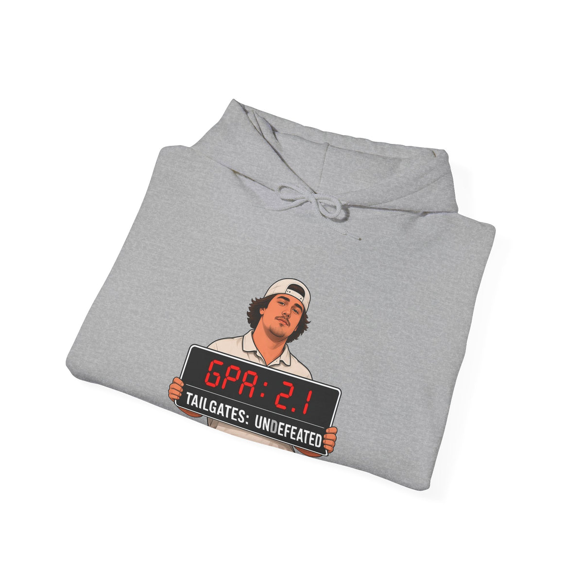 Sport grey pullover hoodie, folded, with chest graphic and drawstring hood