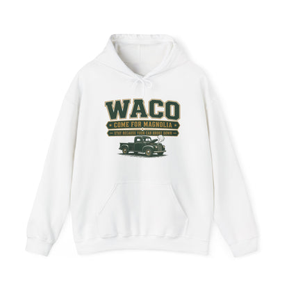 White pullover hoodie with front WACO graphic and kangaroo pocket