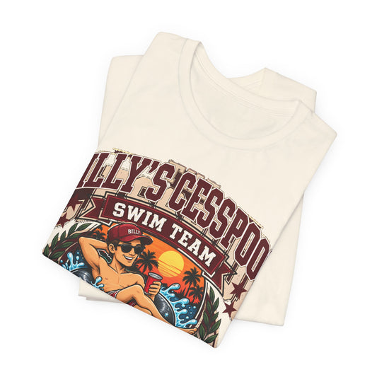 Billy's Cesspool swim team graphic T-shirt, natural color with large front logo print