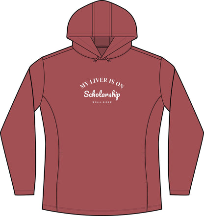 Women's deep red heather hoodie with chest graphic, hood and front pouch pocket