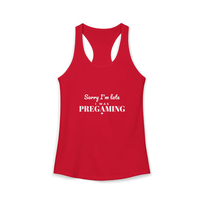 Red racerback tank top with front cutout armholes and 'I was PREGAMING' print