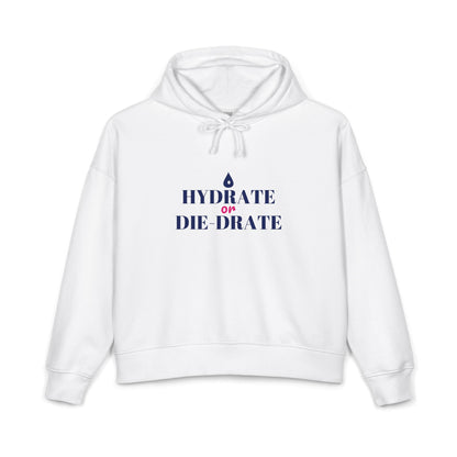 White women's hoodie with hood drawstrings, front pouch pocket, blue slogan graphic