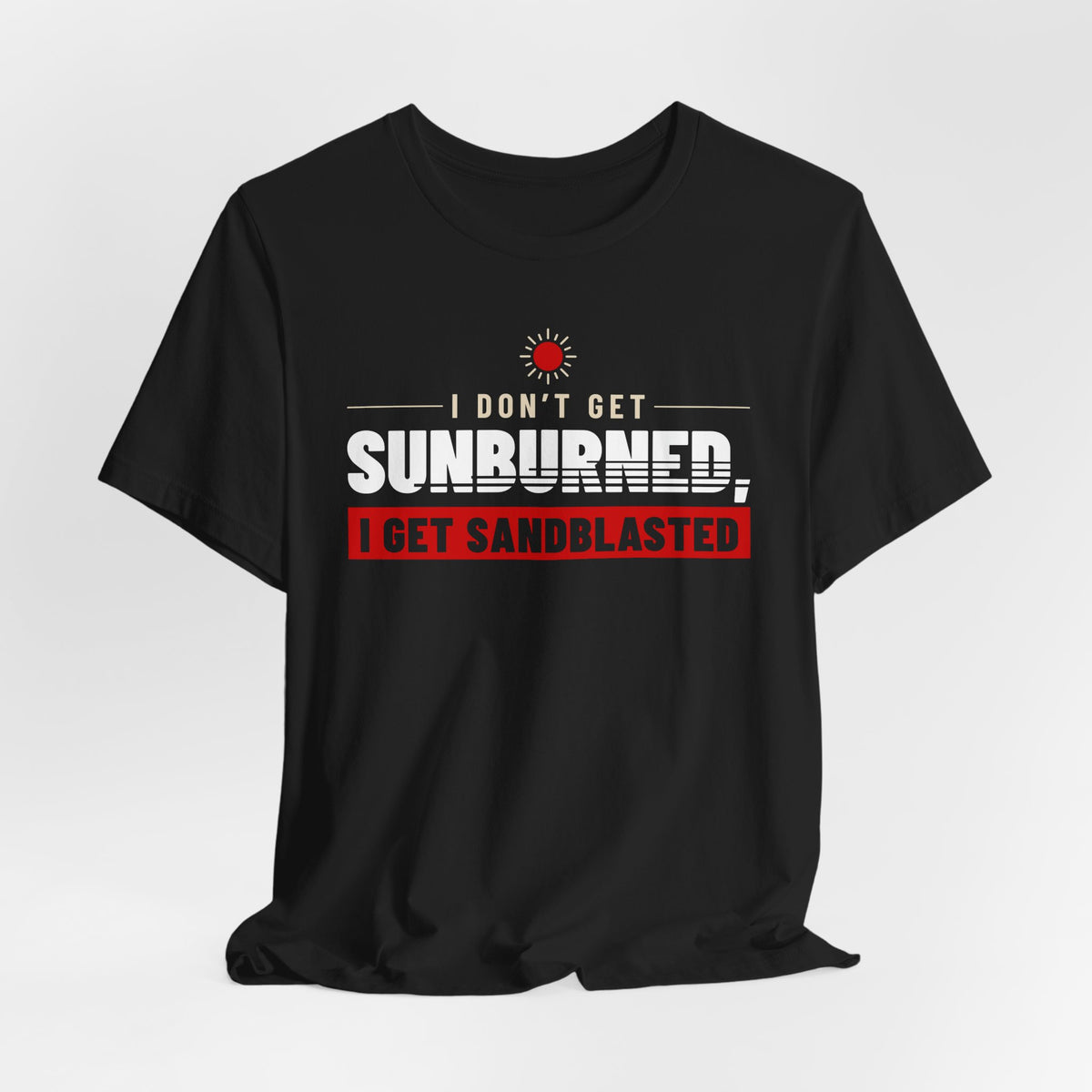 Black crew-neck T-shirt with red 'SUNBURNED' text and 'SANDBLASTED' graphic