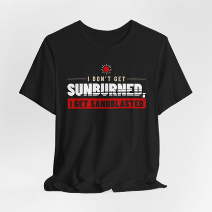 Black crew-neck T-shirt with red 'SUNBURNED' text and 'SANDBLASTED' graphic
