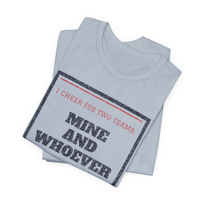 Light blue crew-neck t-shirt with Mine and Whoever rival graphic