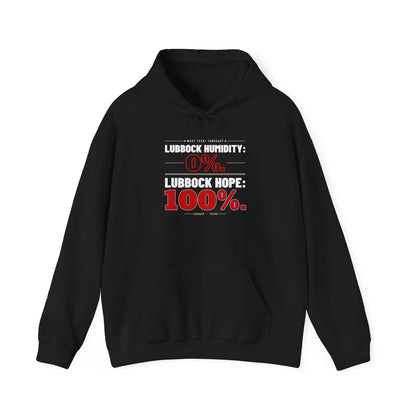 Black hoodie with front pocket, hood drawstring, and "Humidity: 0%" print