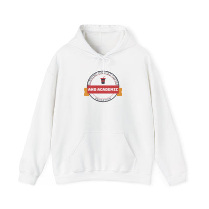 White pullover hoodie with hood, drawstring, front pouch, and chest graphic print
