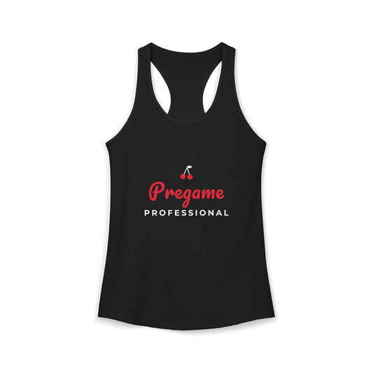 Black racerback tank top with printed Pregame Professional logo graphic