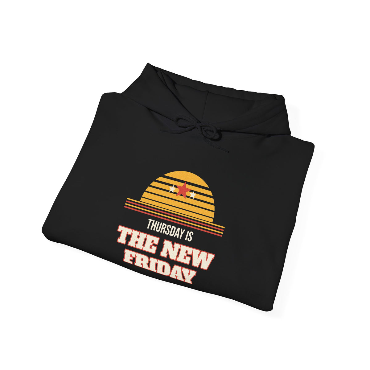 Black hoodie with drawstring hood and “The New Friday” graphic front.