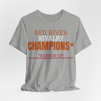 Heather gray crewneck T-shirt with orange and white 'Red River Rivalry Champions*' runner-up
