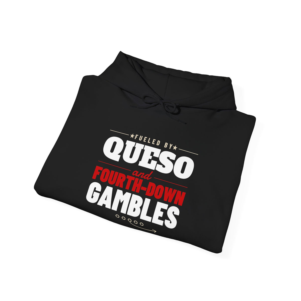 Folded black pullover hoodie with drawstring and football-themed chest print.