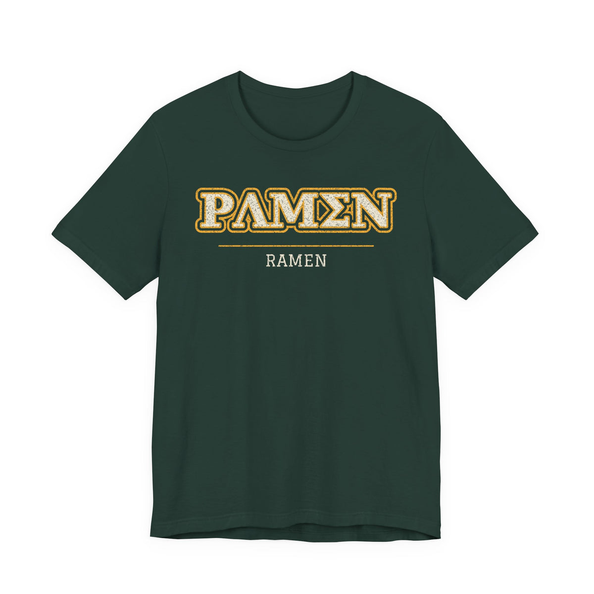 Forest green crew-neck T-shirt with PAMEN ramen graphic on chest