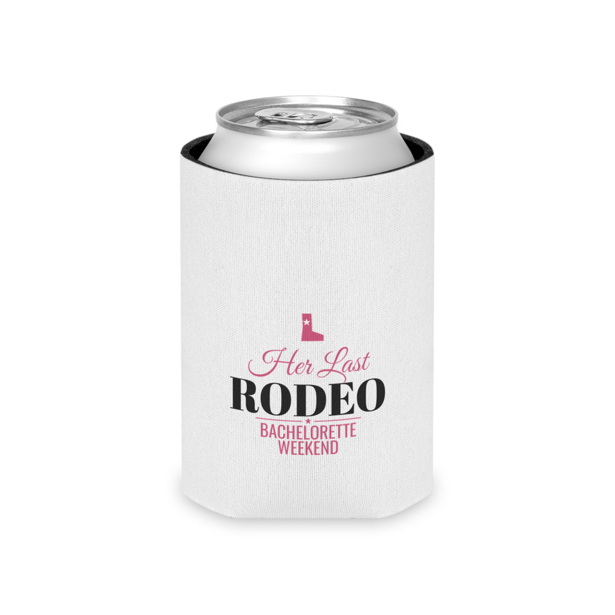 White can koozie with can top visible; 'Her Last RODEO' bachelorette weekend