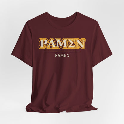Maroon T-shirt with "PAMSN" and small "RAMEN" text graphic