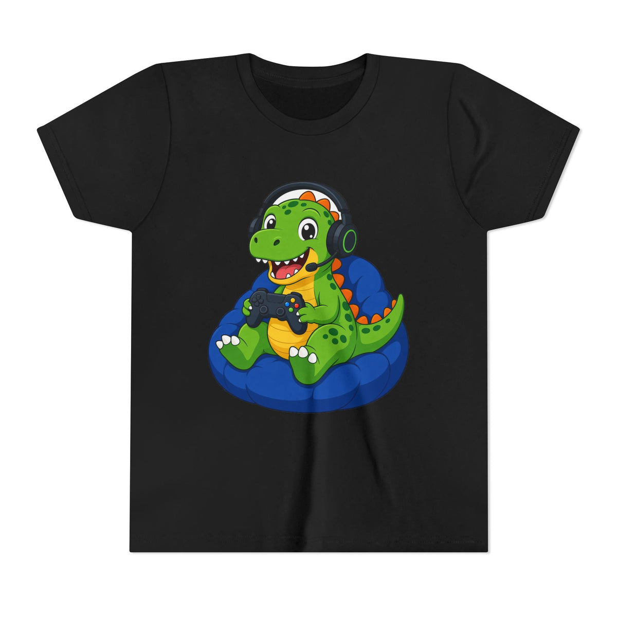 Black kids t-shirt with green dinosaur gamer graphic