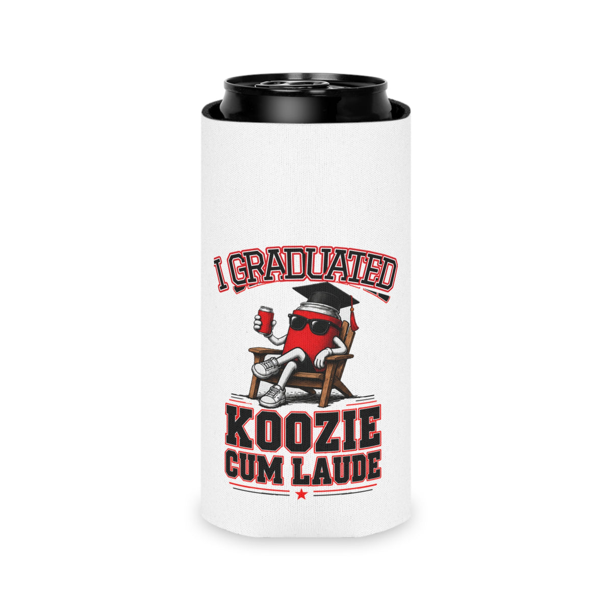 White can koozie with black rim, 'I Graduated' and 'Koozie Cum Laude' lettering