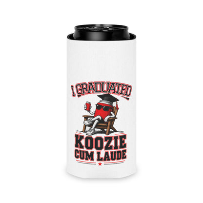 White can koozie with black rim, 'I Graduated' and 'Koozie Cum Laude' lettering
