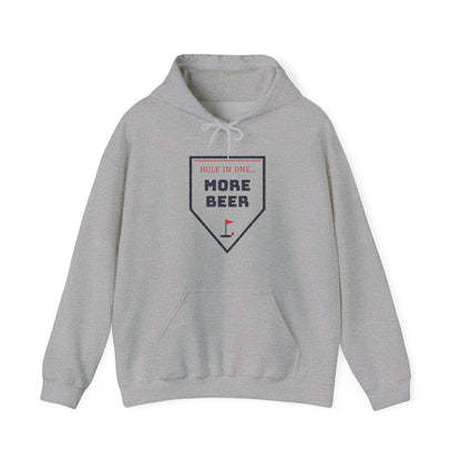 Gray hoodie with pocket and 'More Beer' graphic