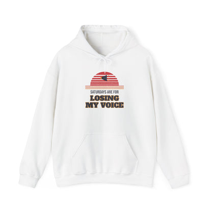 White pullover hoodie with front kangaroo pocket and colorful slogan graphic