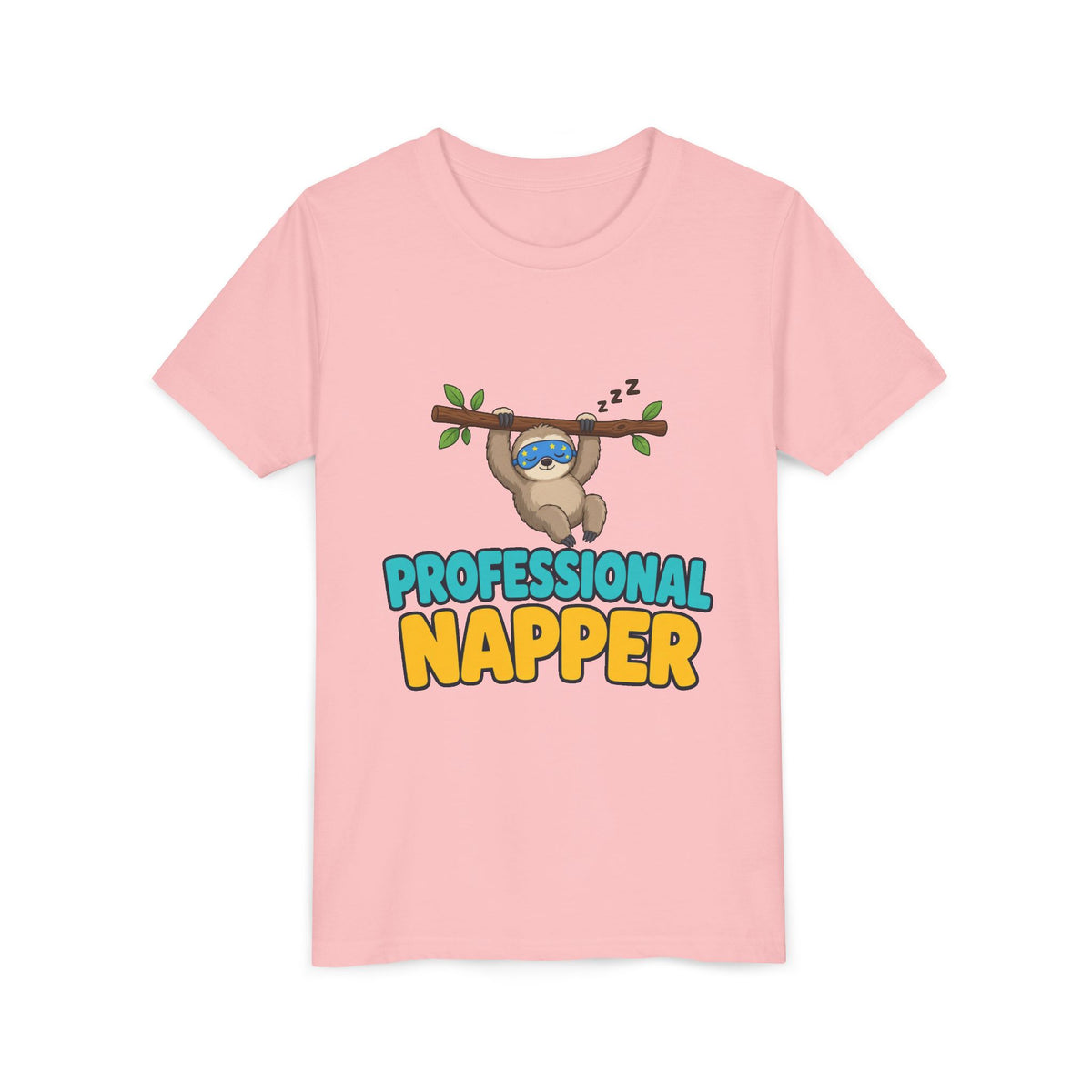 Kids pink crewneck t-shirt with sloth graphic and "PROFESSIONAL NAPPER" text